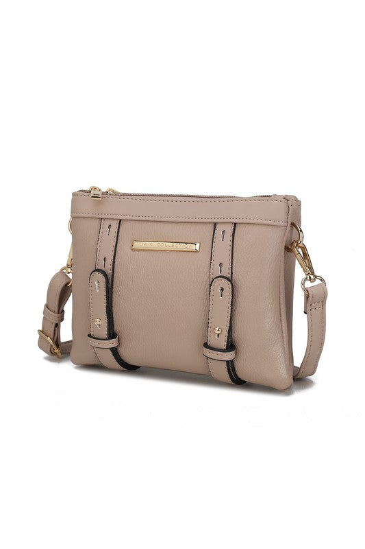 Front view of taupe Elsie crossbody bag with gold hardware and zip closure.