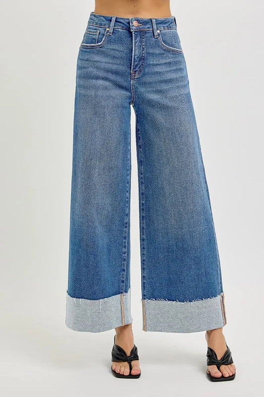 Medium wash wide leg jeans with cuffed hem, tummy control, and flattering high rise fit.