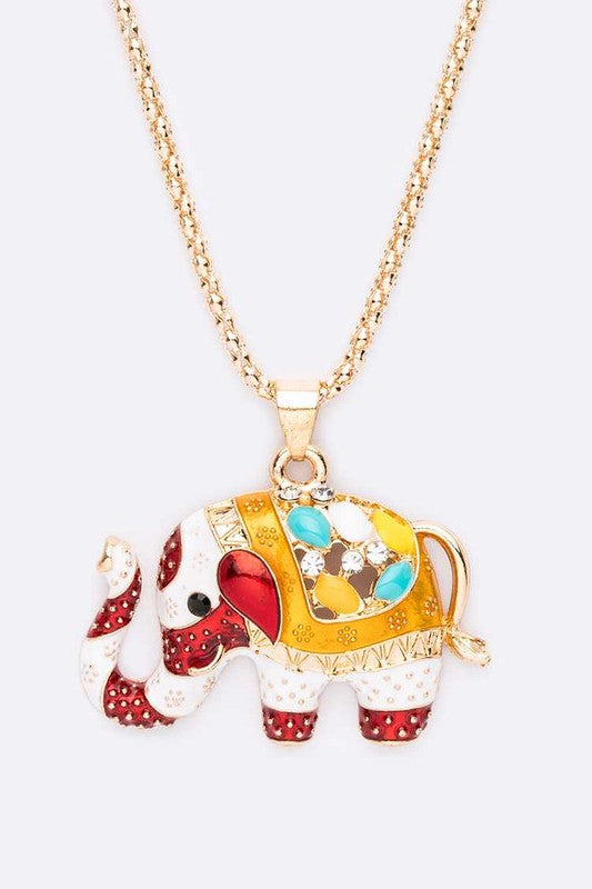 Bejeweled Elephant Pendant Necklace in gold and white with sparkling jewels and intricate design, symbolizing good fortune.