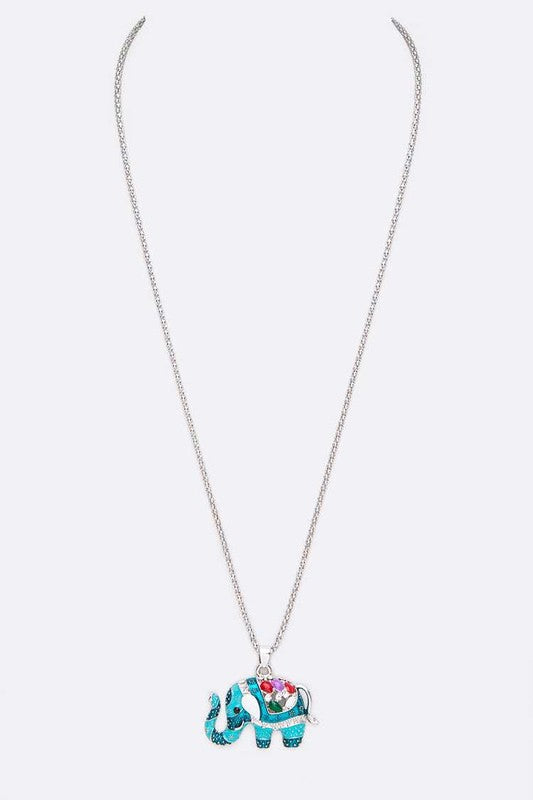 Bejeweled Elephant Pendant Necklace in rhodium and blue showing full 24-inch chain with extension and jeweled pendant.