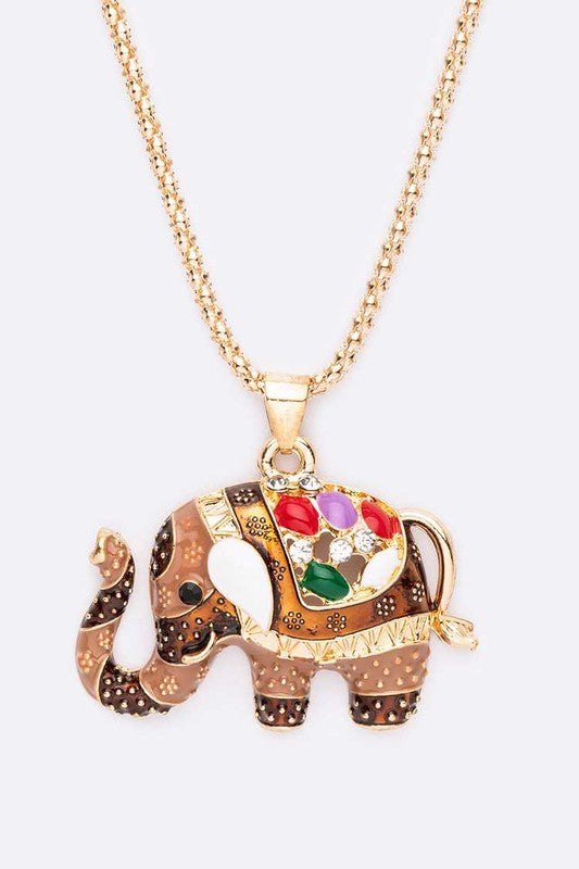 Bejeweled Elephant Pendant Necklace in gold and brown with sparkling jewels and detailed design for a touch of elegance.