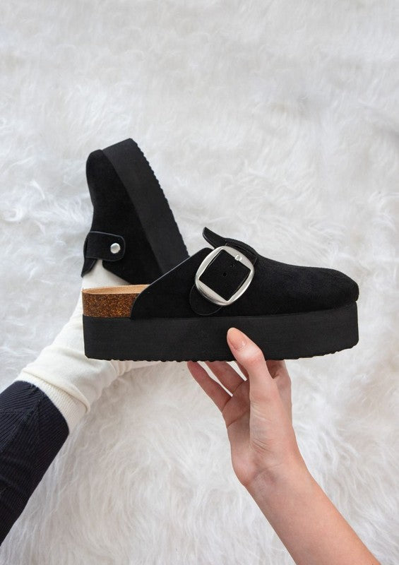 Side view of Jasmine Platform Clogs showing 2.6-inch heel and cork footbed.