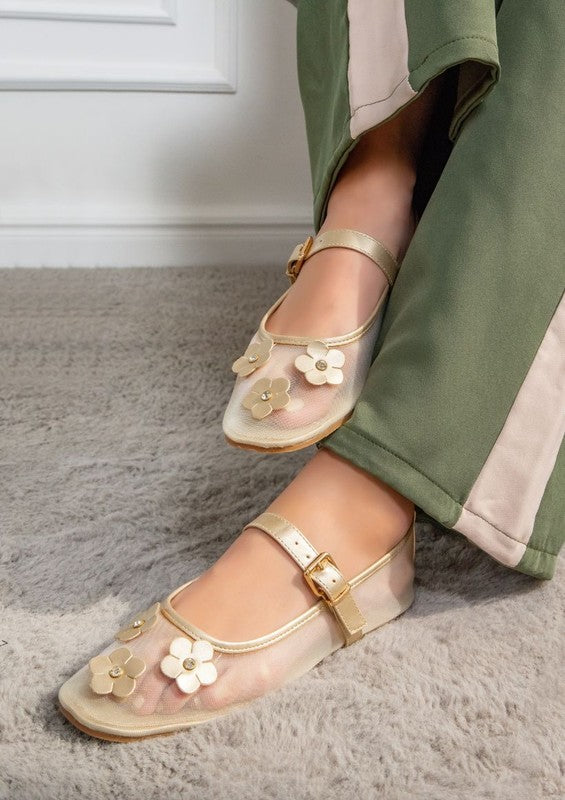 Levi Mesh Flats - Mary Jane Style, Flower Appliqué, Black, Gold, Silver