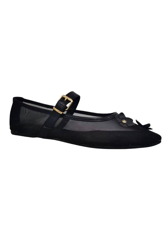 Levi Mesh Flats - Mary Jane Style, Flower Appliqué, Black, Gold, Silver