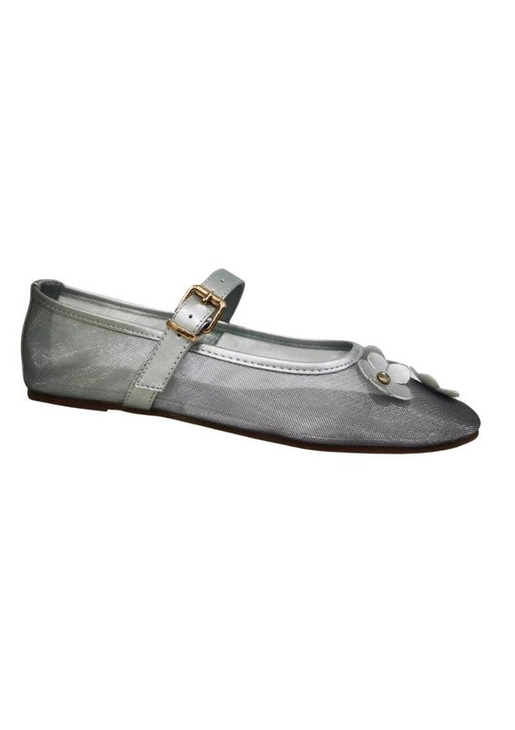 Levi Mesh Flats - Mary Jane Style, Flower Appliqué, Black, Gold, Silver