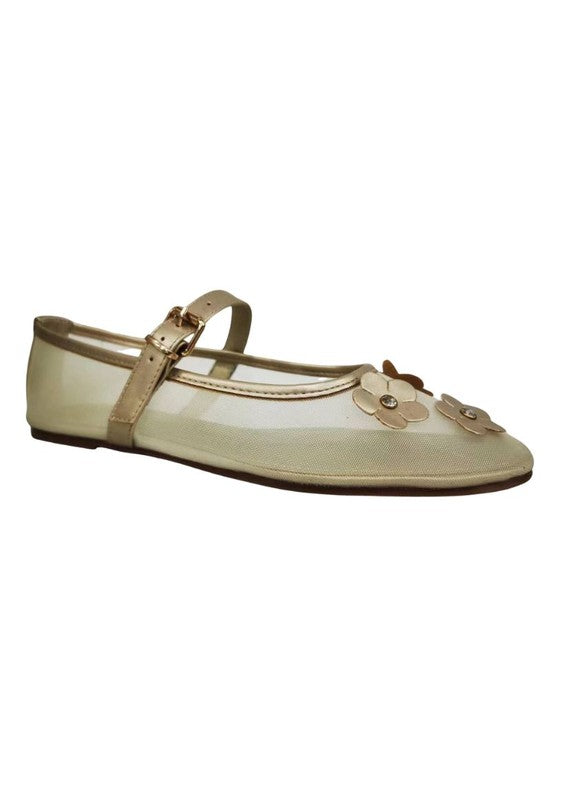 Levi Mesh Flats - Mary Jane Style, Flower Appliqué, Black, Gold, Silver