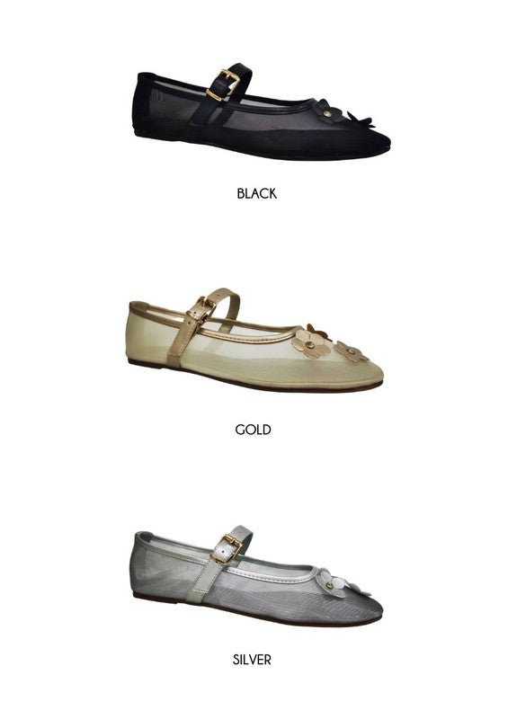 Levi Mesh Flats - Mary Jane Style, Flower Appliqué, Black, Gold, Silver