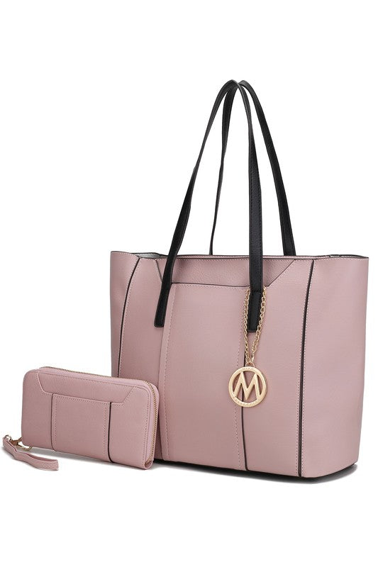 Dusty pink Nikkita tote bag with gold-tone details and multiple compartments for organization.