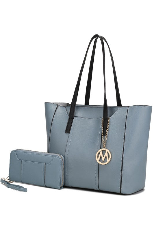Light blue Nikkita tote bag with gold-tone accents and roomy design for stylish daily carry.