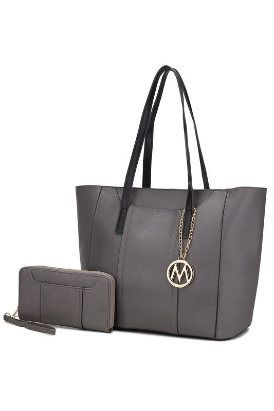 Stone gray Nikkita tote bag with gold-tone accents and a roomy, structured silhouette.