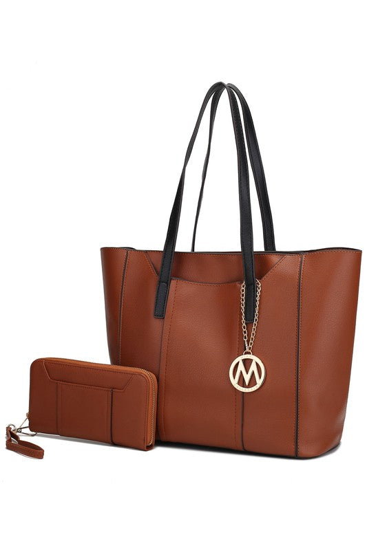 Cognac brown Nikkita tote bag with gold-tone hardware, structured shape, and secure zip-top closure.