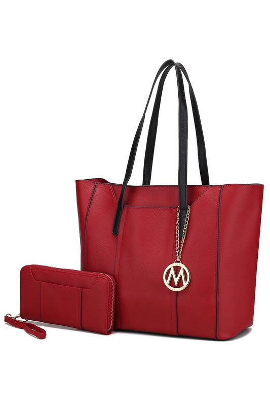 Bold red Nikkita tote bag with gold-tone hardware and functional pockets for work or casual wear.