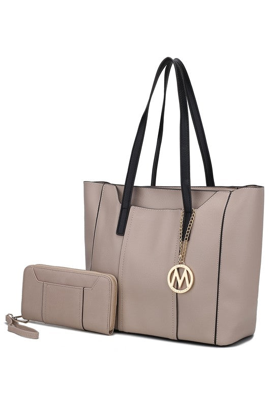 Taupe Nikkita tote bag with gold-tone hardware and spacious compartments for daily essentials.
