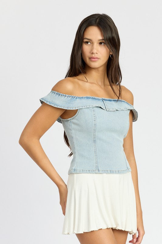 Side view of Agnes off-shoulder denim bustier with fitted waist and short sleeves.