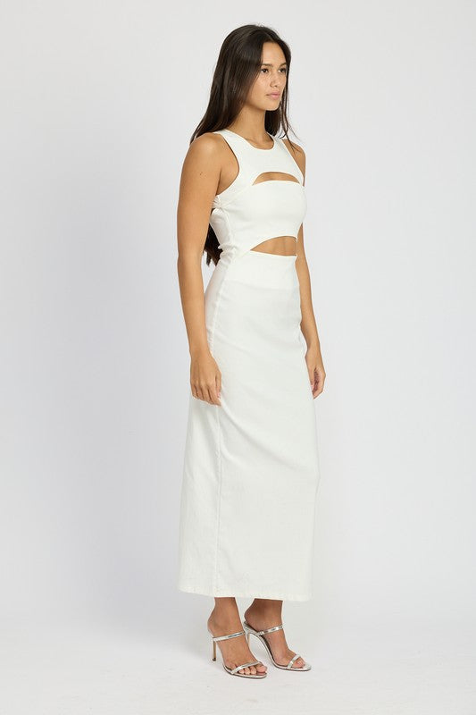 Side view of cream Keti Midi Dress with waist cut-out and fitted silhouette.