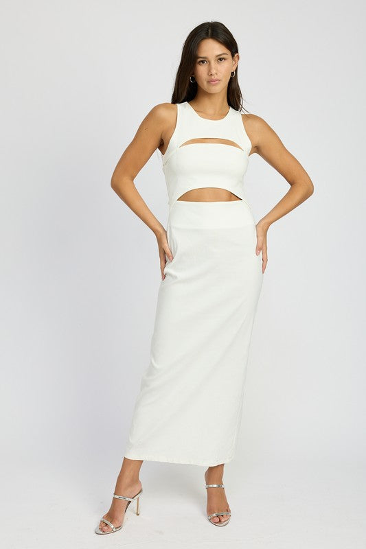 Full body view of cream Keti Sleeveless Cut-Out Midi Dress with round neck and body-con fit.