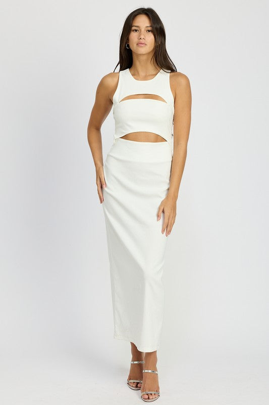 Full body front view of cream body-con Keti Midi Dress with sleeveless design and round neckline.