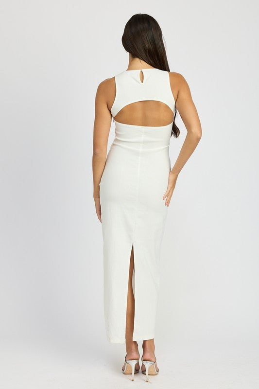 Cut-out back view of cream Keti Sleeveless Midi Dress highlighting zipper and cut-out detail.