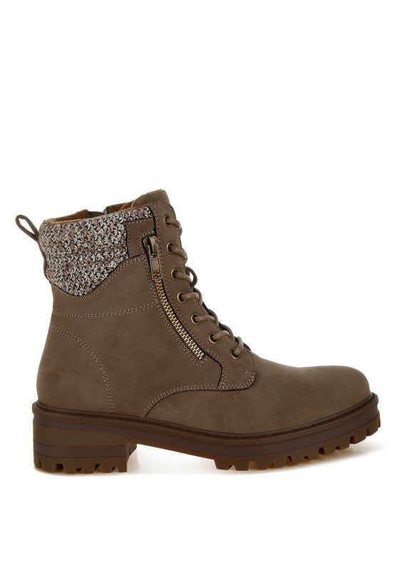 Side view of Taupe Mahisha Hiker Boots showing chunky heel, knitted collar, and dual zipper accent.
