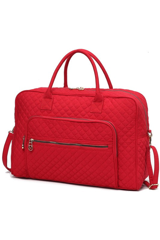 Red Jayla Quilted Duffle Bag by MKF with quilted texture, gold hardware, and front zipper pockets.