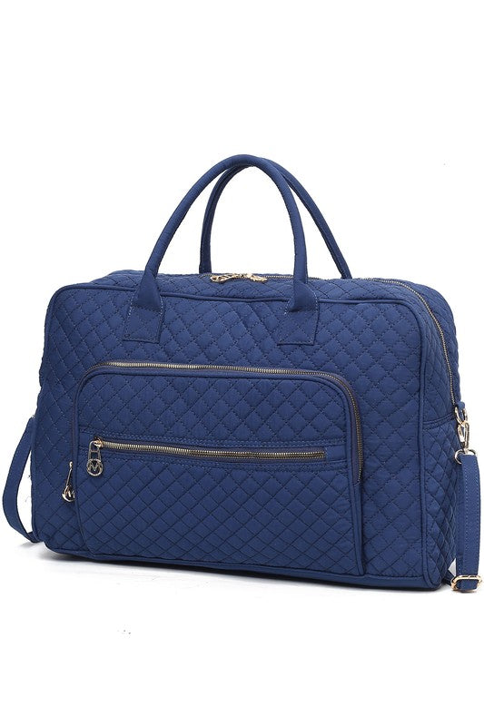 Navy Jayla Quilted Duffle Bag by MKF, featuring quilted finish, roomy design, and gold-tone accents.
