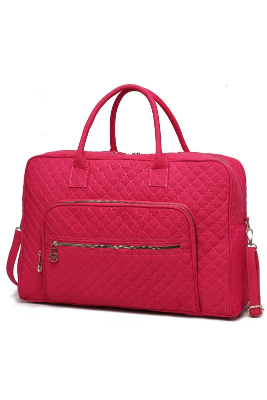Fuchsia Jayla Quilted Duffle Bag by MKF with chic quilted texture and gold-tone details.