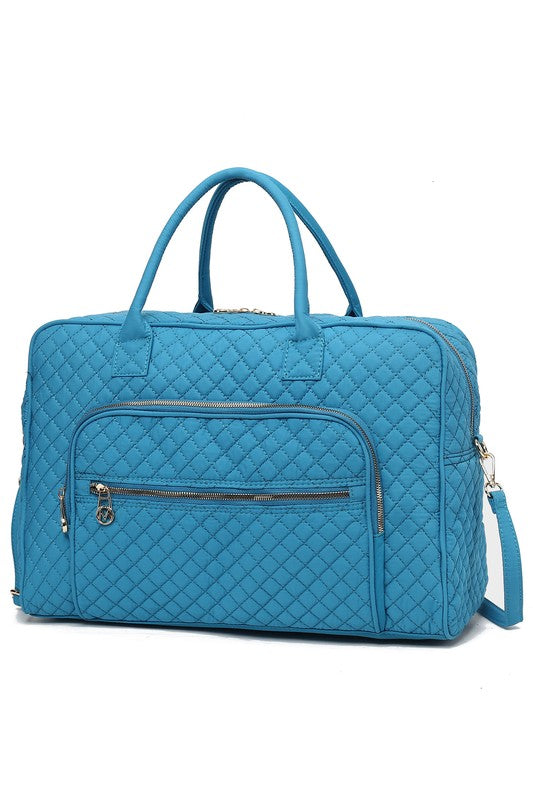 Turquoise Jayla Quilted Duffle Bag by MKF, featuring quilted finish, gold-tone accents, and spacious interior.