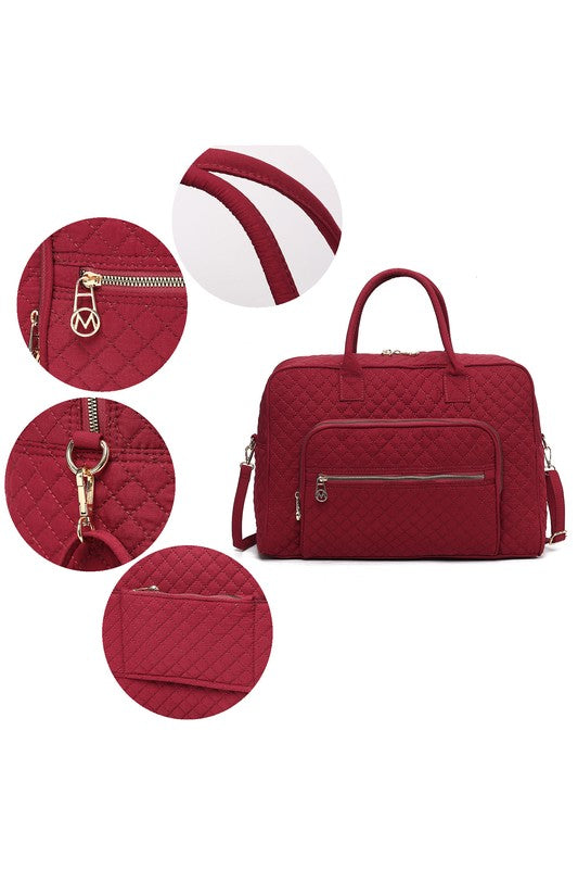 Red Jayla Quilted Duffle Bag by MKF collage with closeups of gold-tone hardware and quilted texture.