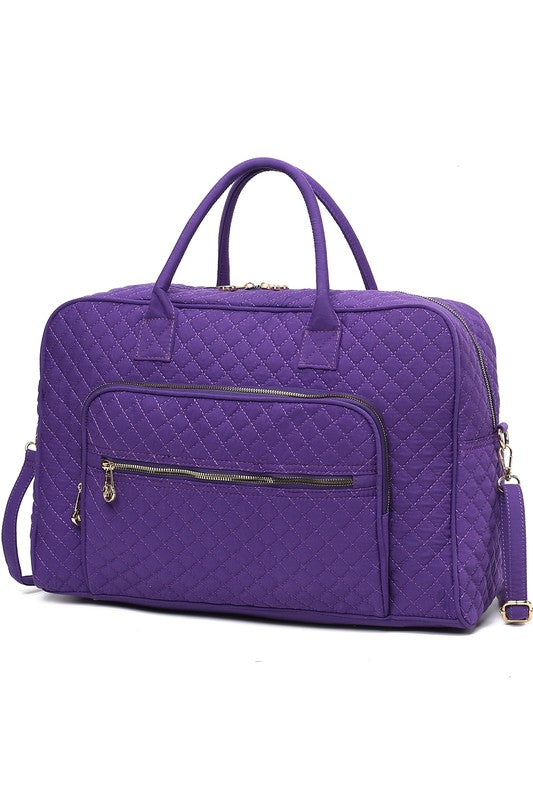 Purple Jayla Quilted Duffle Bag by MKF with adjustable strap, quilted finish, and gold-tone hardware.