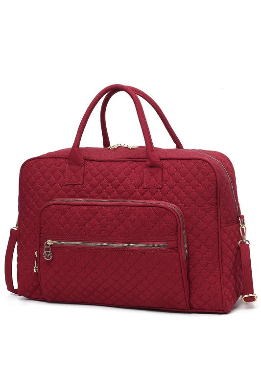 Wine Jayla Quilted Duffle Bag by MKF with quilted design, gold hardware, and adjustable strap.