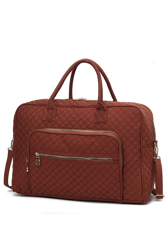 Brown Jayla Quilted Duffle Bag by MKF with adjustable strap, quilted design, and functional pockets.