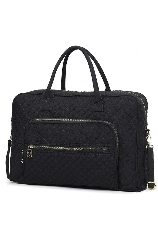 Black Jayla Quilted Duffle Bag by MKF with gold hardware and quilted finish, perfect for everyday use.