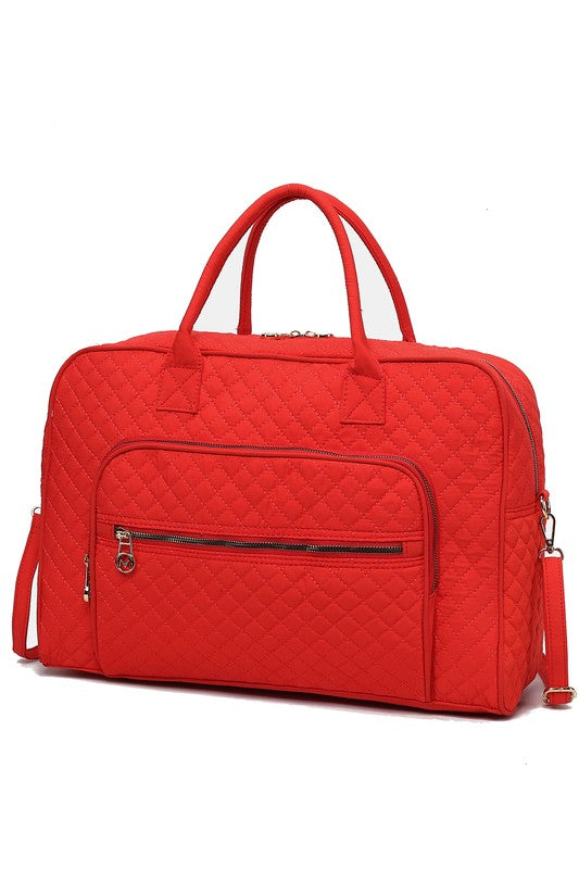 Orange Jayla Quilted Duffle Bag by MKF with stylish quilted texture and functional travel features.