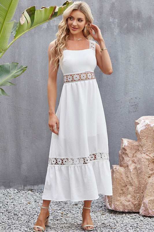 White Tory Midi Dress showing lace detailing, sleeveless square neckline, and graceful midi length.