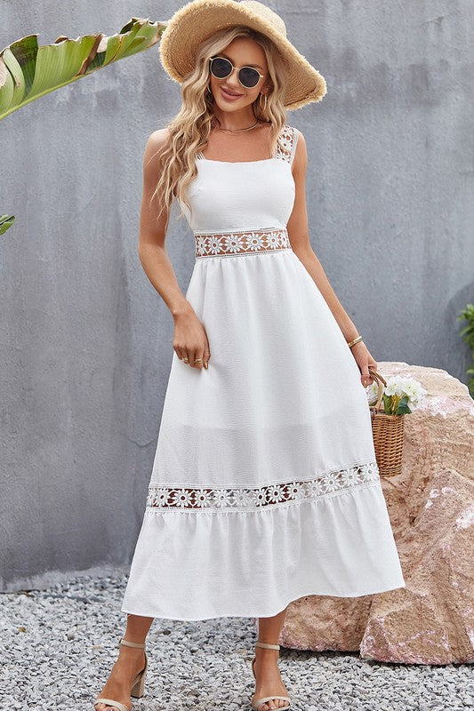 Tory Midi Dress in white front view with lace paneling, square neckline, and sleeveless design.
