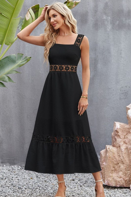 Black Tory Midi Dress showcasing lace panel details and midi length, sleeveless square neck style.