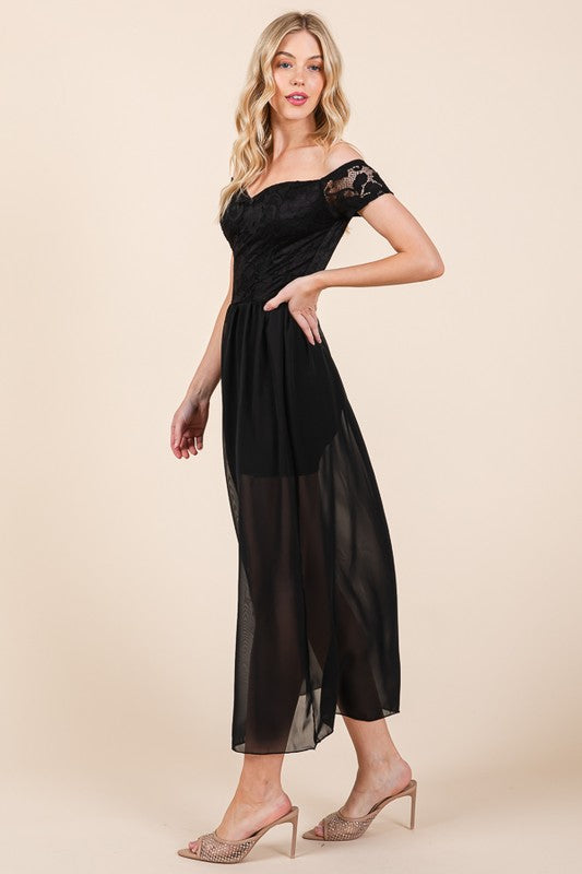 Graceful lace and chiffon maxi dress with off-shoulder neckline, short sleeves, and flattering flowing silhouette.