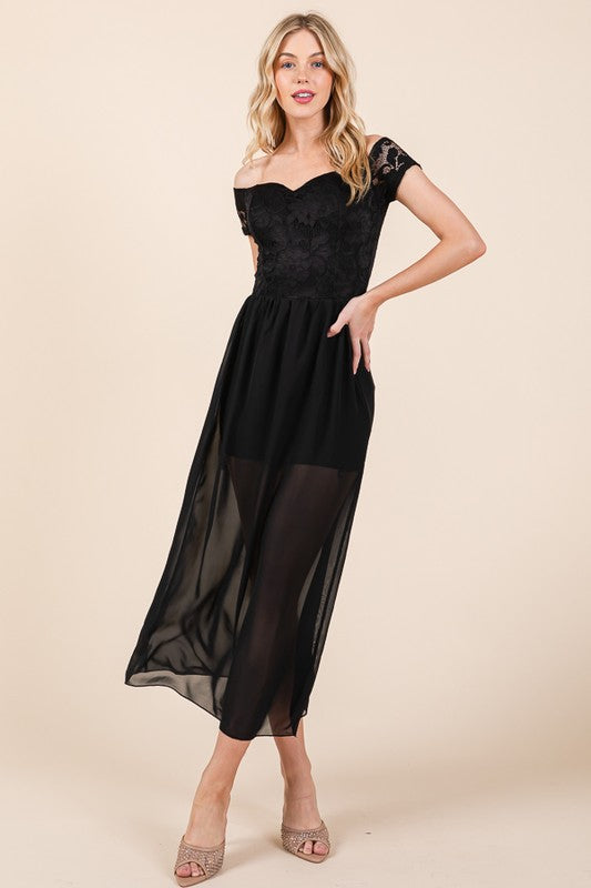 Tamar Off-Shoulder Lace Chiffon Dress - Maxi Formal Gown, Short Sleeve