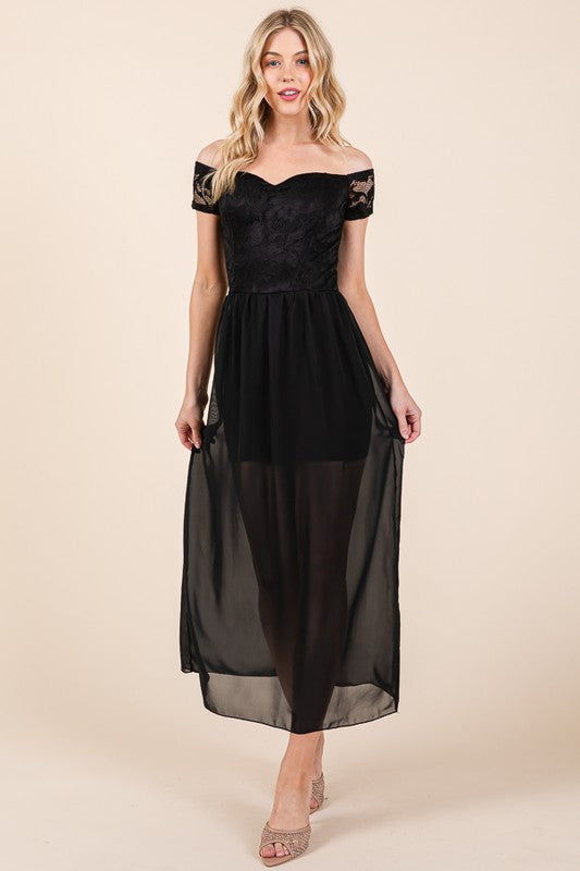 Elegant off-shoulder lace chiffon maxi dress with short sleeves, perfect for weddings, galas, and special events.