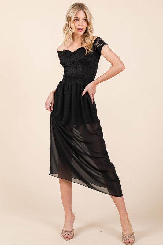 Flowing chiffon skirt and lace off-shoulder top in a maxi dress design, ideal for elegant evenings and formal occasions.