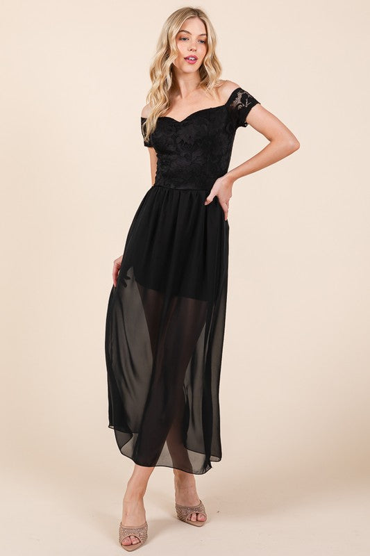 Tamar Off-Shoulder Lace Chiffon Dress - Maxi Formal Gown, Short Sleeve