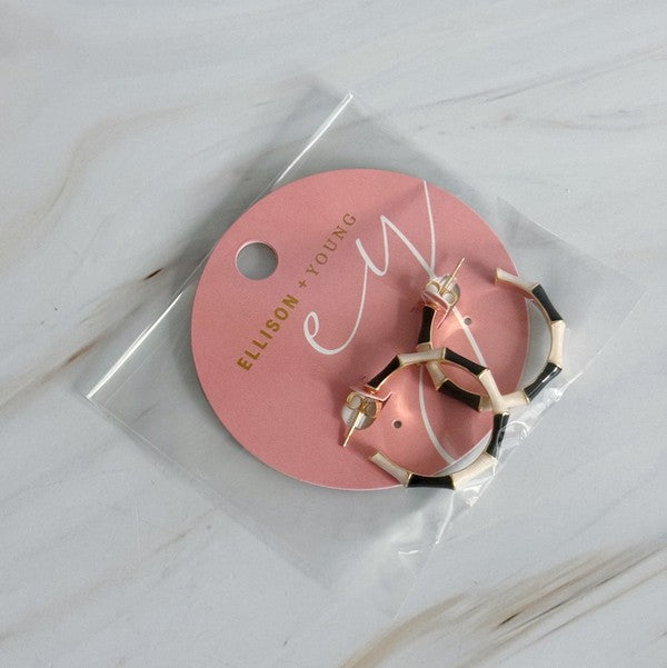 Small Bamboo Hoop Earrings – Color Block Design in Black & White