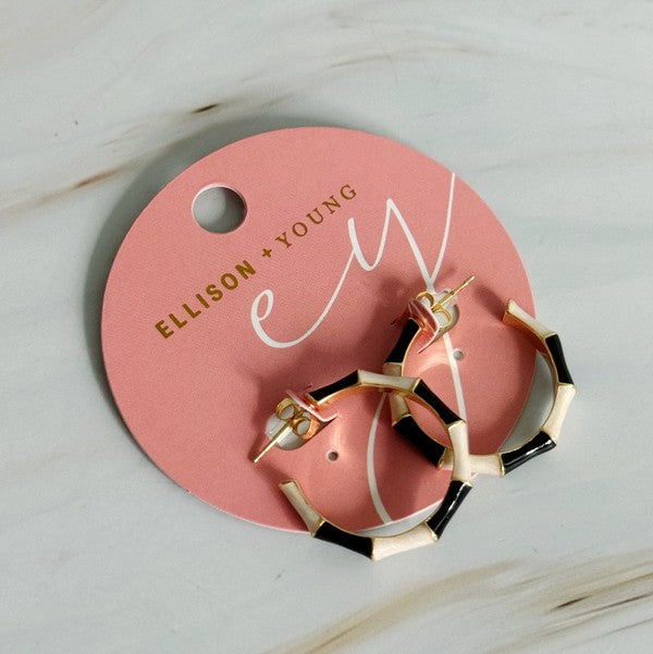 Small Bamboo Hoop Earrings – Color Block Design in Black & White