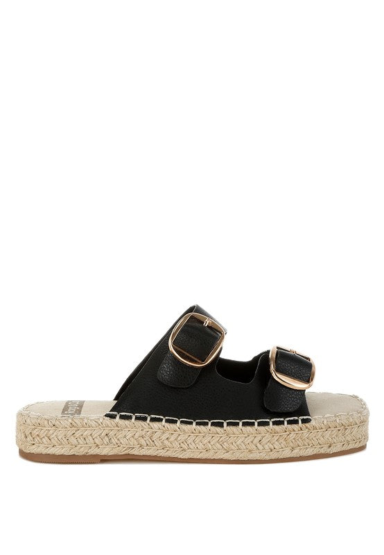 Comfortable black leather espadrille sandals with cushioned insoles and adjustable straps for all-day wear.