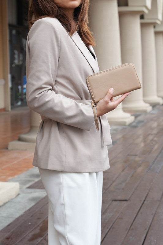 MKF Jenna Shoulder Bag and Wallet in Nude featuring double handles and sleek silhouette. Photo featuring Wallet.