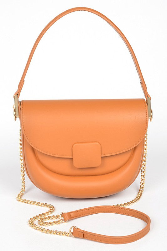 Front view of Quinn Convertible Shoulder Bag in camel vegan leather with gold hardware.