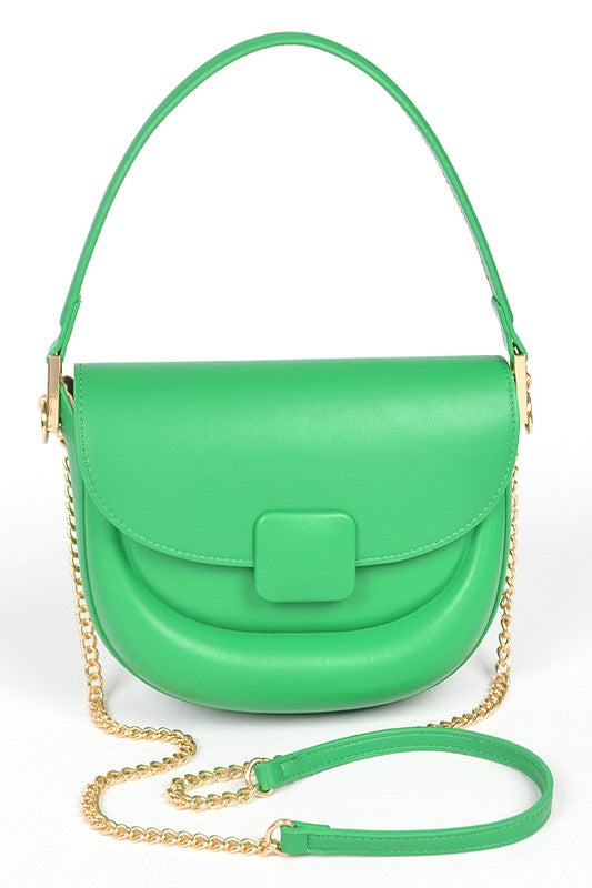 Front view of Quinn Convertible Shoulder Bag in green vegan leather with gold hardware.