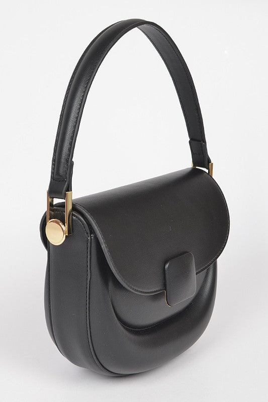 Side angle view of Quinn Convertible Shoulder Bag in black vegan leather with gold hardware.