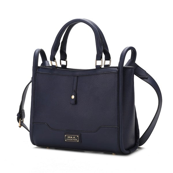 Navy Melody Vegan Leather Tote with structured silhouette and gold-tone details.
