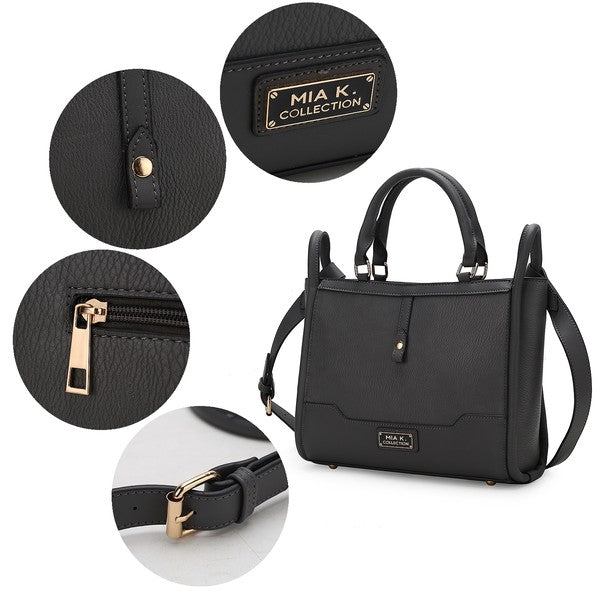 Collage showing black Melody Tote close-up details: gold-tone hardware, zipper pull, and textured vegan leather.